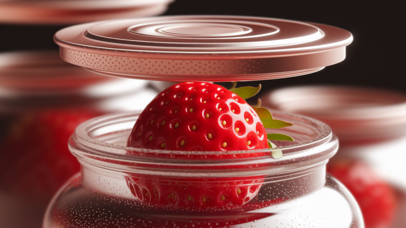 A close-up, hyper-realistic conceptual illustration showcasing the idea of "Seal in Freshness". Focus tightly on a single, pristine, vibrant red strawberry contained within a clear glass jar with a visually prominent, perfectly sealed, and airtight lid. The lid should have a subtle metallic sheen or highlight, conveying the "tightness" and security of the seal. Employ a shallow depth of field, with the strawberry and lid in sharp, crystal-clear focus, while the background blurs into a soft, warm glow. Utilize warm, inviting lighting that highlights the texture of the strawberry and the smooth surface of the glass and lid. Maintain a clean, professional composition with ample negative space. Strive for high-quality detail, rendering the condensation on the inside of the jar, the tiny seeds on the strawberry, and the reflections on the glass with exceptional realism. The overall style should be high-quality, detailed, professional, well-composed, and visually compelling, conveying