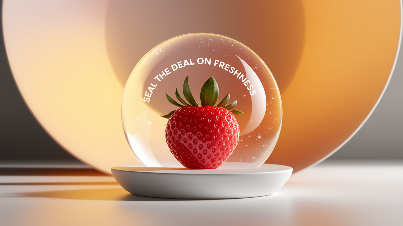 A close-up, conceptual illustration visualizing "Seal the Deal on Freshness." A single, perfect, dew-kissed berry (strawberry or raspberry) is prominently positioned on a clean, minimalist surface. A subtle, translucent "seal" or "bubble" of freshness visibly surrounds the berry, hinting at a protective layer. The background is intentionally blurred with a shallow depth of field, using warm, inviting colors to create an intimate, professional atmosphere. Soft, high-quality lighting highlights the texture and vibrancy of the berry and the subtle gleam of the freshness seal. Clean composition, sharp focus on the berry and surrounding seal. High quality, professional, detailed, well-composed illustration.