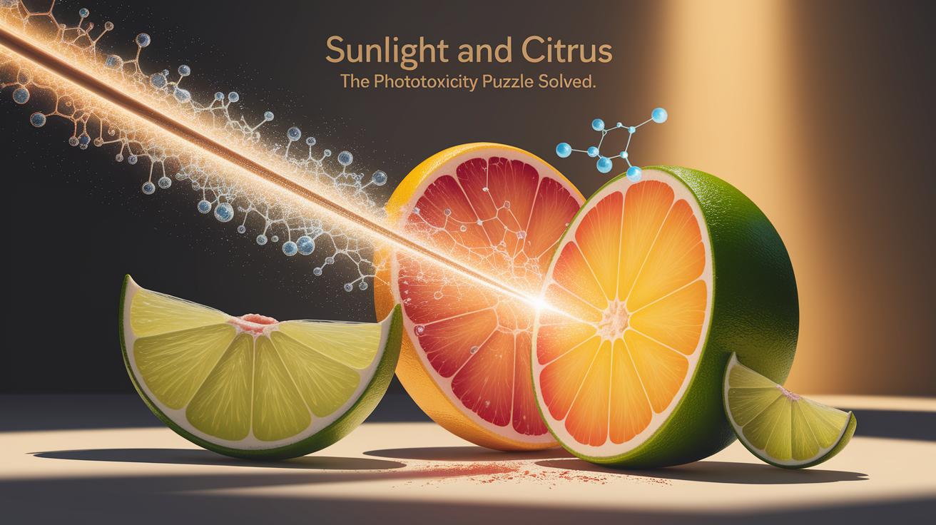 A highly conceptual, ultra-detailed illustration representing "Sunlight and Citrus: The Phototoxicity Puzzle Solved." The composition features an ethereal, golden ray of sunlight meticulously dissecting into molecular representations of light wavelengths, specifically interacting with delicately rendered, highly detailed citrus fruit (e.g., lime, grapefruit slices) that exhibit subtle, localized areas of phototoxic damage (e.g., slight browning or blistering at a microscopic level), yet are simultaneously depicted with an overlay or emerging element representing a "solved puzzle" or "protective shield" – perhaps a glowing, molecular structure or a translucent, healing aura. The overall aesthetic should be professional, intimate, and warm, achieved through shallow depth of field with selective focus drawing the eye to the key interaction points. Exquisite attention to light quality, showcasing soft, naturalistic illumination with subtle volumetric effects where sunlight meets citrus. Clean composition with ample negative space to emphasize key elements. Sharp focus on the central subject, rendered with intricate details. A high-