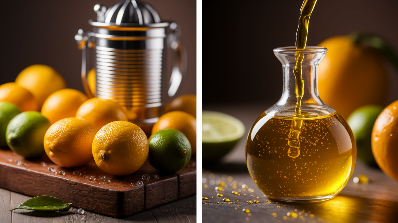 A cinematic, hyperrealistic side-by-side comparison visual, presented in an elegant split-screen layout.
**LEFT PANEL (Cold-Pressed):** Focus on a pristine, rustic wooden cutting board. Artfully arranged, showcasing freshly harvested, whole, organic citrus fruits (lemons, oranges, limes) glistening with dew. A gleaming, traditional, heavy-duty cold-press juicer (visible but slightly blurred in the background) suggests the mechanical process. Evoke a sense of raw, vibrant freshness and natural potency. The liquid result, a rich, cloudy, golden-yellow oil with floating fruit particules, meticulously poured into a transparent, hand-blown glass apothecary bottle, catching ambient light. Tiny, almost microscopic air bubbles are visible within the cloudy oil, indicating its unrefined nature.
**RIGHT PANEL (Distilled):** A starkly contrasting pristine white laboratory countertop. Prominently showcase scientific distillation apparatus: a laboratory-grade glass alembic still with intricate tubing and condensers