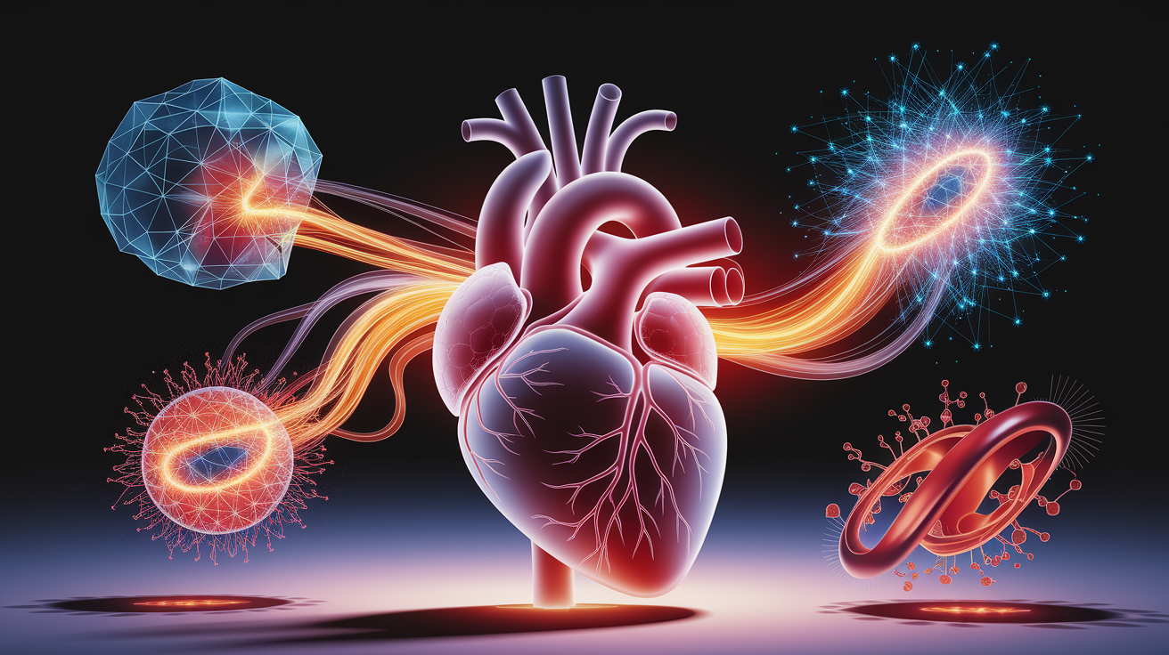 A conceptual illustration representing "The Science Behind the Burn." The central focus is a gleaming, transparent anatomical heart, subtly pulsating with a soft, internal glow radiating outward. From its ventricles, ethereal, wispy tendrils of orange and red energy (symbolizing "burn") unfurl and intertwine with microscopic diagrams of mitochondria, shown as intricately folded structures pulsating with tiny blue sparks (representing ATP). Surrounding this core, in a shallow depth of field, are implied, highly stylized representations of key metabolic molecules: a shimmering glucose molecule breaking apart into geometric fragments, and abstract, intertwining fatty acid chains dissolving into fiery energy. The background is a soft, blurred gradient moving from warm amber to deep crimson, suggesting internal heat and energy. Use expressive light sources to create dramatic chiaroscuro on the heart and energy tendrils. Style: Hyper-realistic yet artfully conceptual, employing shallow depth of field with precise selective focus on the anatomical heart and mitochondria for an intimate, professional feel. Employ warm