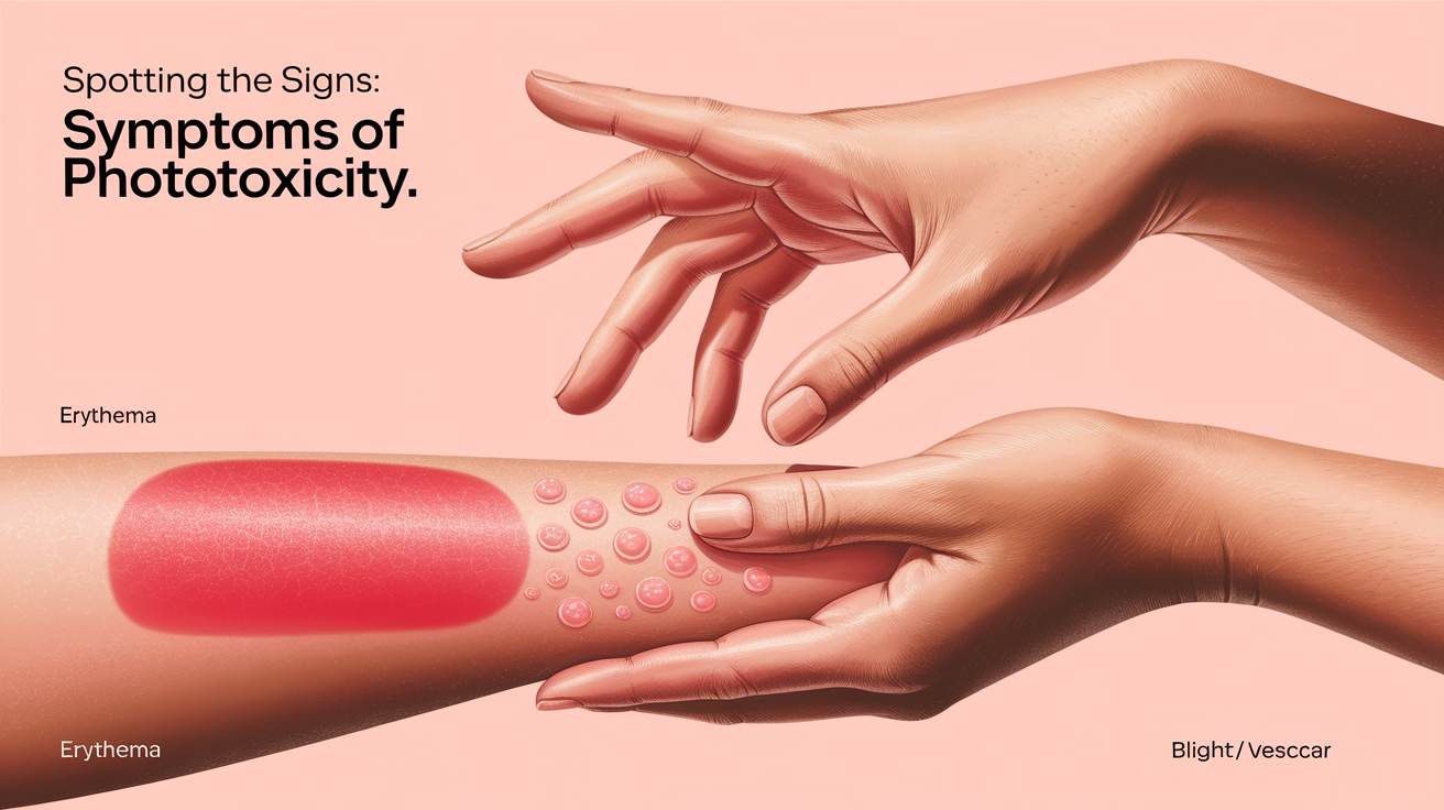 **Conceptual illustration: A visually striking and clinically accurate representation of "Spotting the Signs: Symptoms of Phototoxicity."**
**Visual elements:**
* **Central subject:** A delicate human hand, subtly illuminated, gently touching a patch of skin on a forearm or inner wrist. This skin area prominently displays a range of phototoxic symptoms:
* **Erythema:** Clearly defined, bright crimson patches suggestive of sunburn, some with slightly raised borders.
* **Edema:** Subtle, localized swelling, creating a slightly puffy texture.
* **Blistering/Vesicles:** A few small, clear, fluid-filled blisters or vesicles, rendered with realistic translucence. Avoid overly graphic or grotesque depiction; maintain a clinical, illustrative quality.
* **Hyperpigmentation/Hypopigmentation:** Faint, irregular patches of both darker (melanin deposition) and lighter (pigment loss) skin tones, hinting