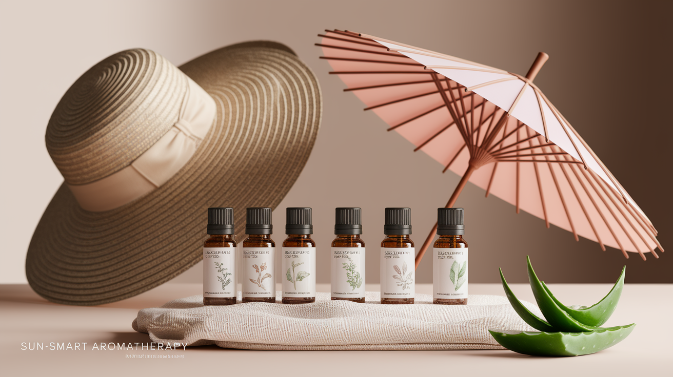 A highly professional, conceptual illustration of "Sun-Smart Aromatherapy: Preventing Phototoxic Reactions," rendered with exquisite detail and a refined aesthetic. The composition features a sun-drenched, yet subtly shaded, domestic or spa-like setting. In the foreground, a pristine collection of elegant, small amber glass bottles of essential oils are meticulously arranged alongside delicate, sun-protective botanical elements like a wide-brimmed straw hat resting gracefully on a light linen textile, a miniature, unfurled parasol, or a single, perfect aloe vera leaf glistening with morning dew. Sunlight streams in from an unseen window, creating soft, warm highlights and inviting shadows. A subtle, ethereal shimmer or very faint halo of golden light emanates from around specific essential oil bottles, visually representing their sun-smart properties without being overtly magical. The color palette is dominated by warm, natural tones: soft whites, creams, muted greens, golden yellows, and rich ambers, with very subtle cool accents to provide visual