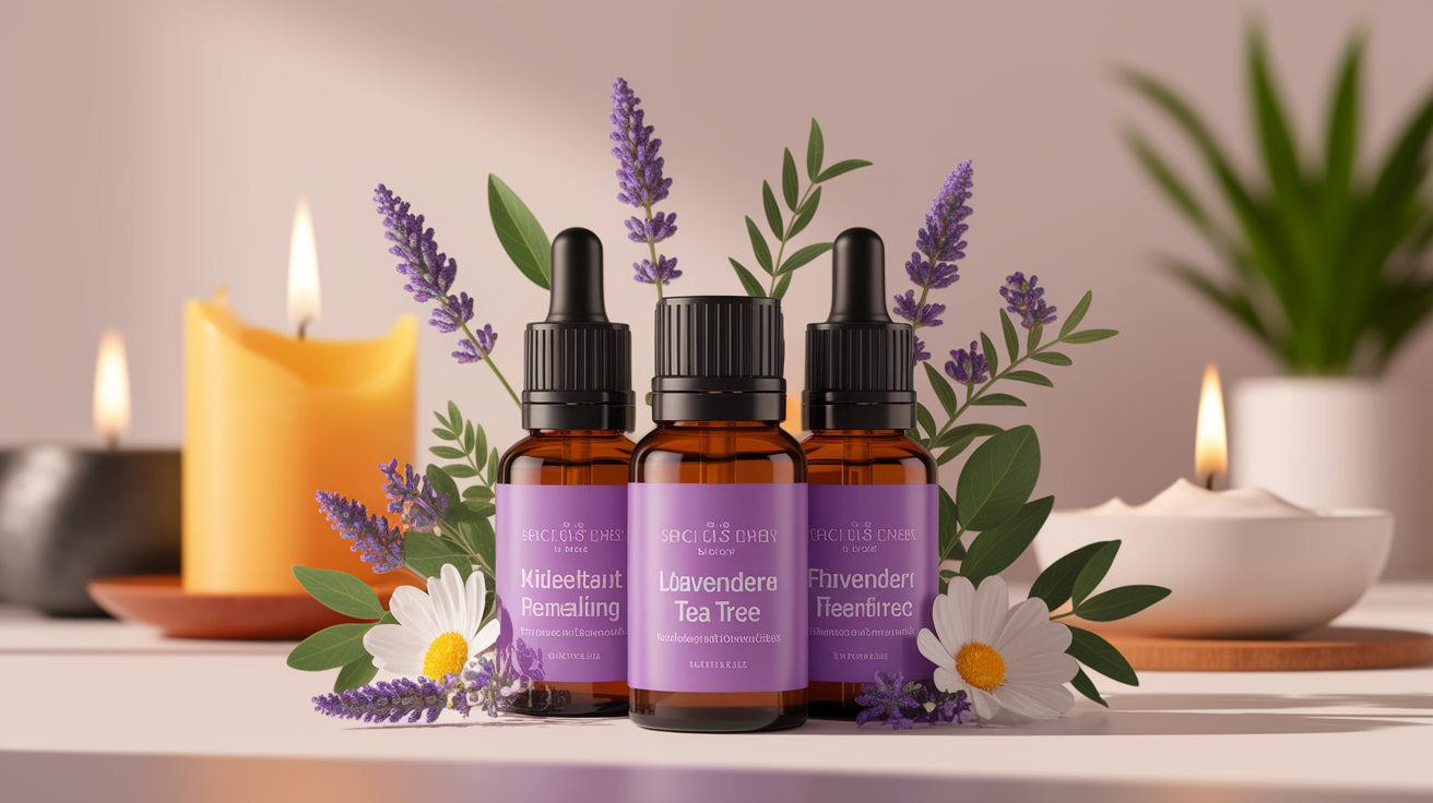 A conceptual illustration representing Kickstart Your Scar Healing with Essential Oils. Visualize the main ideas: . Creative but clear representation of the concept. Style: Use shallow depth of field with selective focus to create a professional, intimate feel  Employ warm. high quality, detailed, professional, clean composition, good lighting, sharp focus, well-composed. high quality, professional, detailed, well-composed