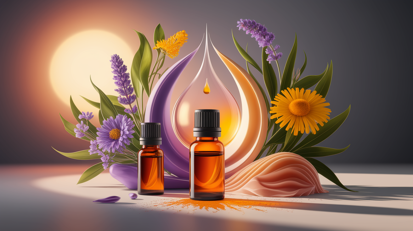 A conceptual illustration representing How Essential Oils Accelerate Scar Healing. Visualize the main ideas: . Creative but clear representation of the concept. Style: Use shallow depth of field with selective focus to create a professional, intimate feel  Employ warm. high quality, detailed, professional, clean composition, good lighting, sharp focus, well-composed. high quality, professional, detailed, well-composed