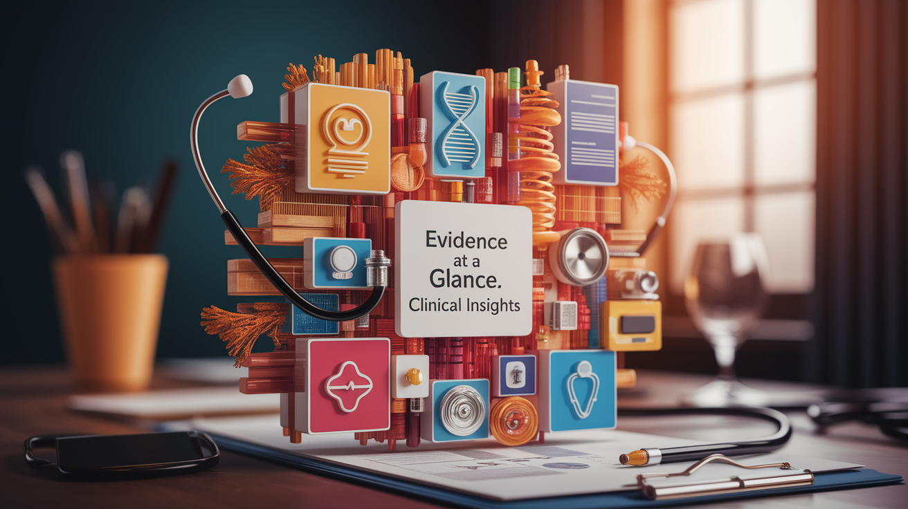 A conceptual illustration representing Evidence at a Glance: Clinical Insights. Visualize the main ideas: . Creative but clear representation of the concept. Style: Use shallow depth of field with selective focus to create a professional, intimate feel  Employ warm. high quality, detailed, professional, clean composition, good lighting, sharp focus, well-composed. high quality, professional, detailed, well-composed