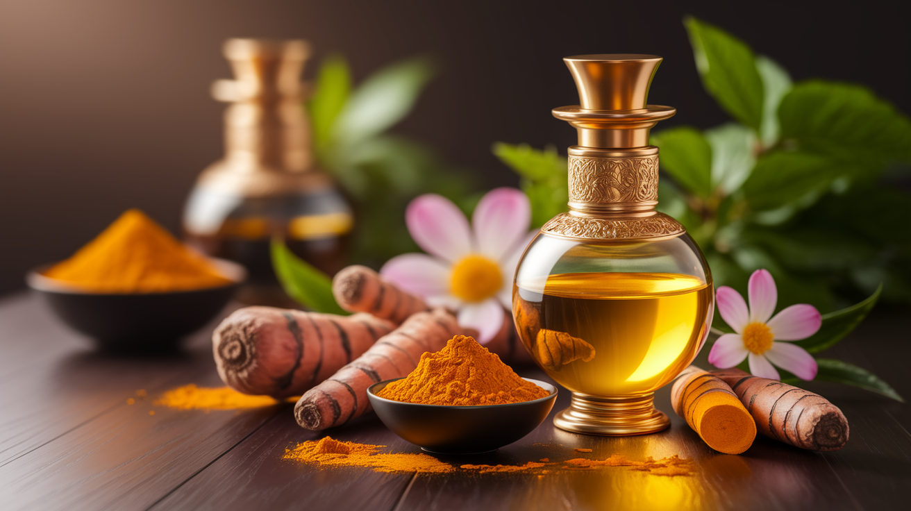 A conceptual illustration representing Introduction – Golden Beginnings: Turmeric Essential Oil for Radiant, Age-Defying Skin. Visualize the main ideas: . Creative but clear representation of the concept. Style: Use shallow depth of field with selective focus to create a professional, intimate feel Employ warm. high quality, detailed, professional, clean composition, good lighting, sharp focus, well-composed. high quality, professional, detailed, well-composed