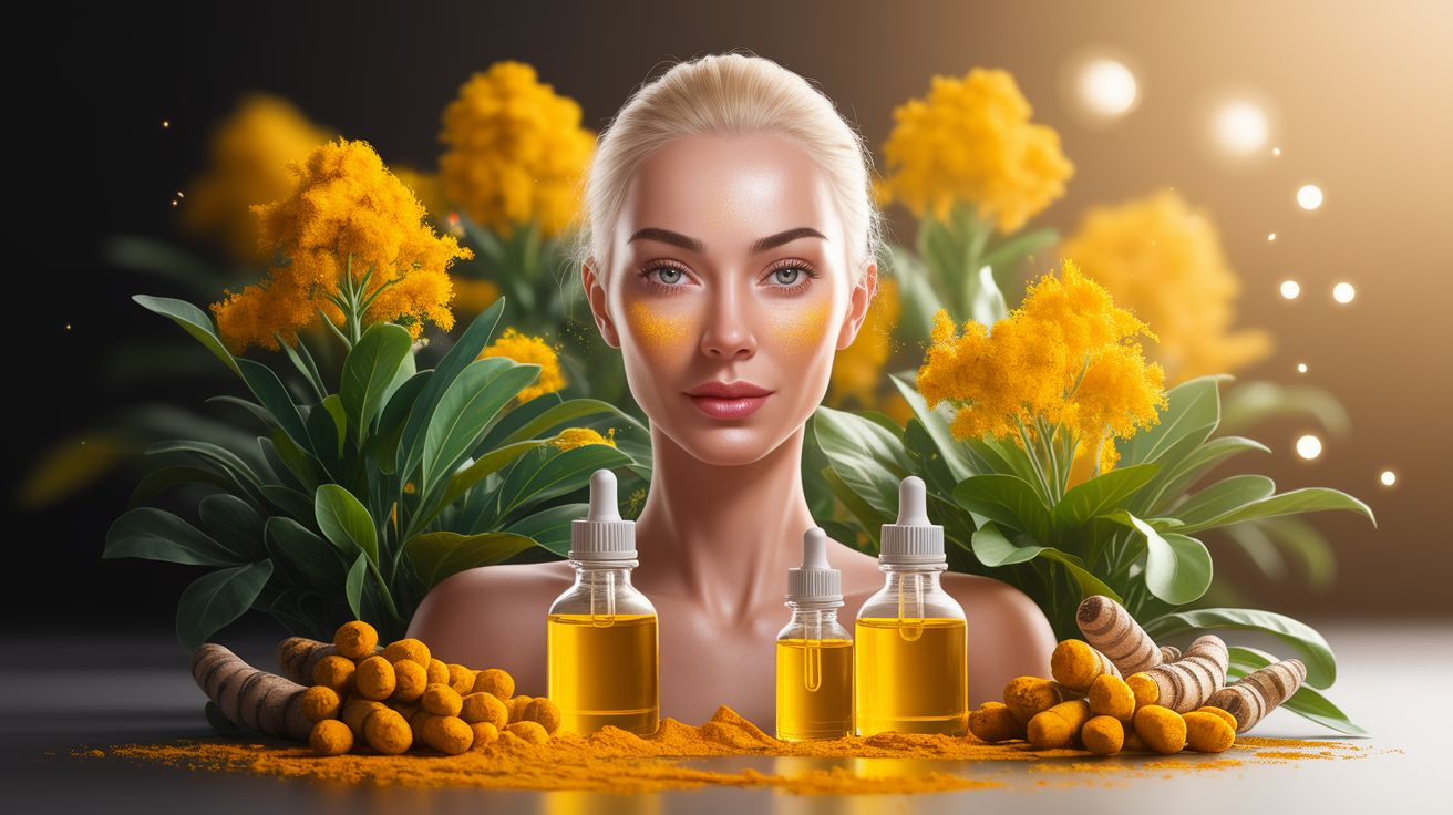 A conceptual illustration representing Anti-Aging Benefits of Turmeric Essential Oil. Visualize the main ideas: . Creative but clear representation of the concept. Style: Use shallow depth of field with selective focus to create a professional, intimate feel Employ warm. high quality, detailed, professional, clean composition, good lighting, sharp focus, well-composed. high quality, professional, detailed, well-composed