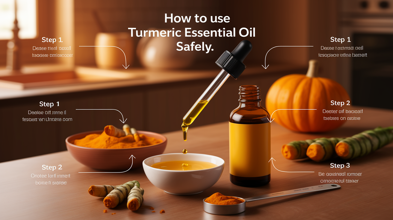 A clear, step-by-step visual illustration showing How to Use Turmeric Essential Oil Safely. Focus on . Include visual elements like arrows, numbered steps, or sequential flow. Professional and instructional style. Style: Use shallow depth of field with selective focus to create a professional, intimate feel Employ warm. high quality, detailed, professional, clean composition, good lighting, sharp focus, well-composed. high quality, professional, detailed, well-composed
