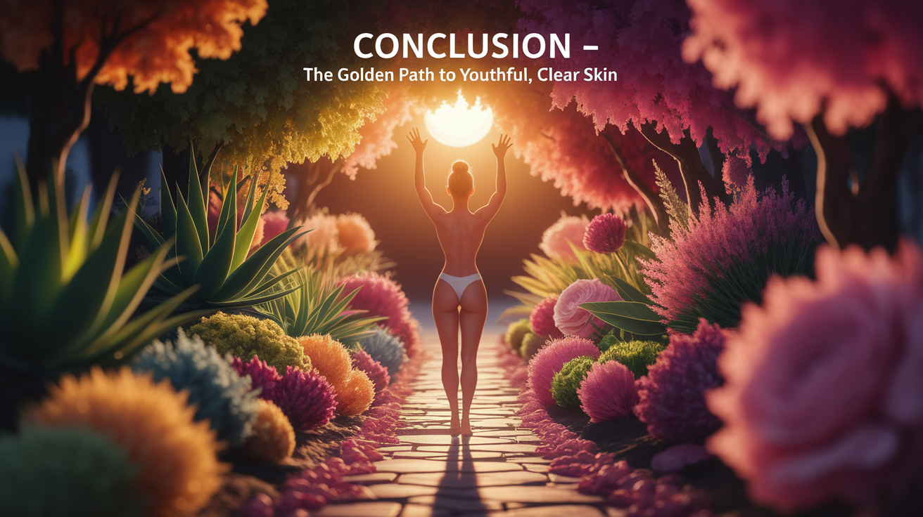 A conceptual illustration representing Conclusion – The Golden Path to Youthful, Clear Skin. Visualize the main ideas: . Creative but clear representation of the concept. Style: Use shallow depth of field with selective focus to create a professional, intimate feel Employ warm. high quality, detailed, professional, clean composition, good lighting, sharp focus, well-composed. high quality, professional, detailed, well-composed
