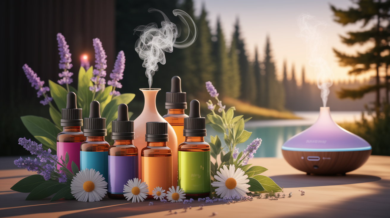 A conceptual illustration representing Mental Detox – Calming and Clarity through Aromatherapy. Visualize the main ideas: . Creative but clear representation of the concept. Style: Use shallow depth of field with selective focus to create a professional, intimate feel Employ warm. high quality, detailed, professional, clean composition, good lighting, sharp focus, well-composed. high quality, professional, detailed, well-composed