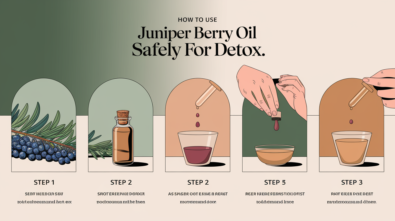 A clear, step-by-step visual illustration showing How to Use Juniper Berry Oil Safely for Detox. Focus on . Include visual elements like arrows, numbered steps, or sequential flow. Professional and instructional style. Style: Use shallow depth of field with selective focus to create a professional, intimate feel Employ warm. high quality, detailed, professional, clean composition, good lighting, sharp focus, well-composed. high quality, professional, detailed, well-composed
