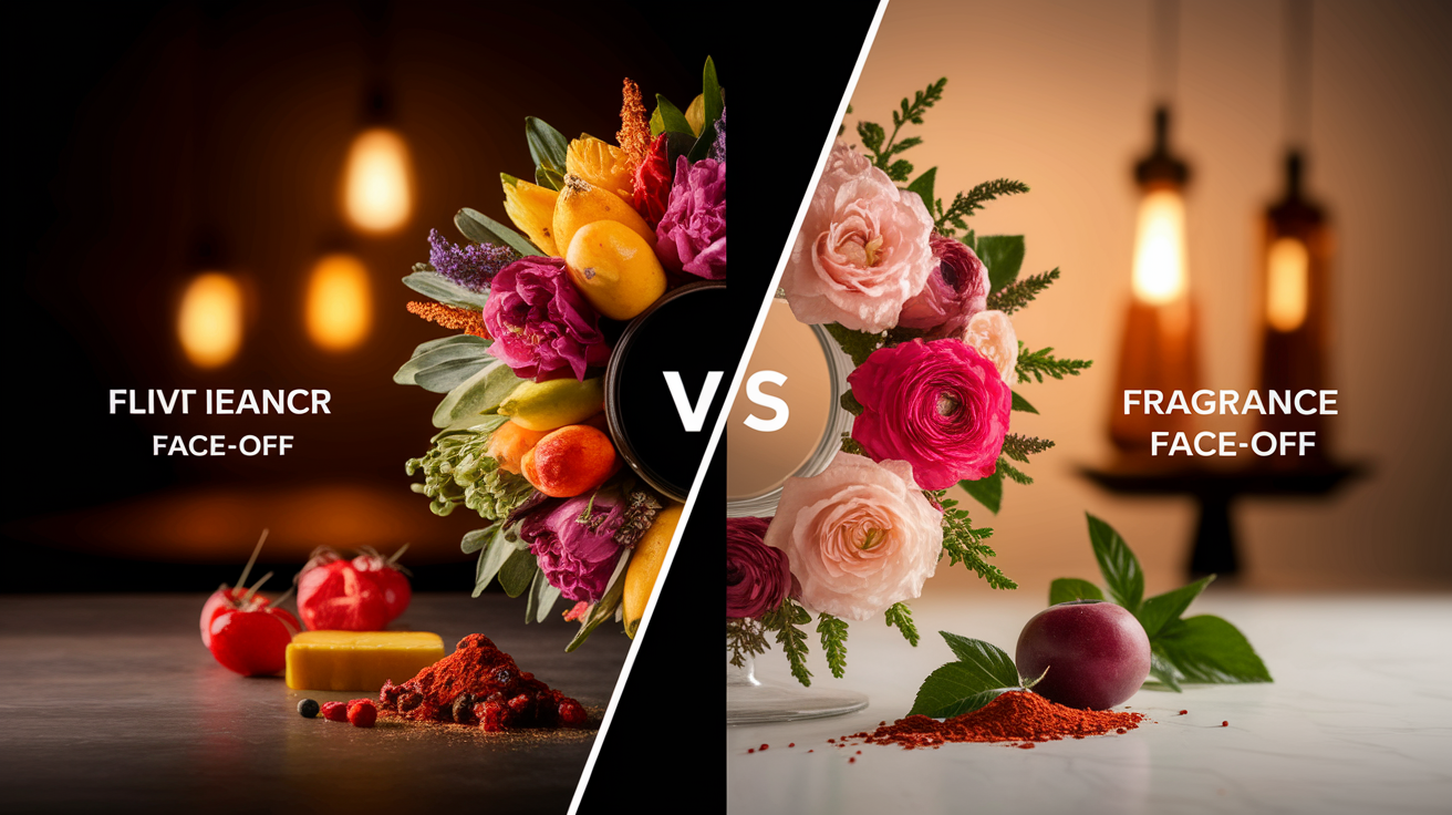 A side-by-side comparison visual for A Flavor vs Fragrance Face-Off. Show contrasting elements: . Use clear visual separation, possibly with split-screen or before/after layout. Style: Use shallow depth of field with selective focus to create a professional, intimate feel Employ warm. high quality, detailed, professional, clean composition, good lighting, sharp focus, well-composed. high quality, professional, detailed, well-composed