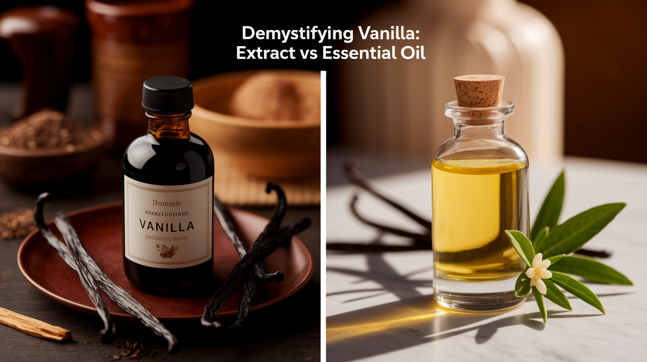 A side-by-side comparison visual for Demystifying Vanilla: Extract vs Essential Oil. Show contrasting elements: . Use clear visual separation, possibly with split-screen or before/after layout. Style: Use shallow depth of field with selective focus to create a professional, intimate feel Employ warm. high quality, detailed, professional, clean composition, good lighting, sharp focus, well-composed. high quality, professional, detailed, well-composed