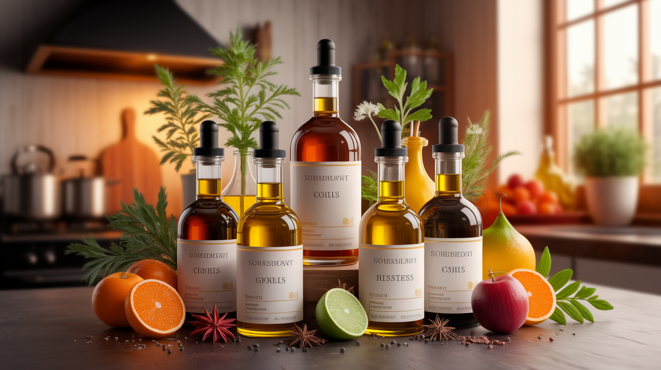 A conceptual illustration representing Choosing the Right Oils. Visualize the main ideas: . Creative but clear representation of the concept. Style: Use shallow depth of field with selective focus to create a professional, intimate feel Employ warm. high quality, detailed, professional, clean composition, good lighting, sharp focus, well-composed. high quality, professional, detailed, well-composed