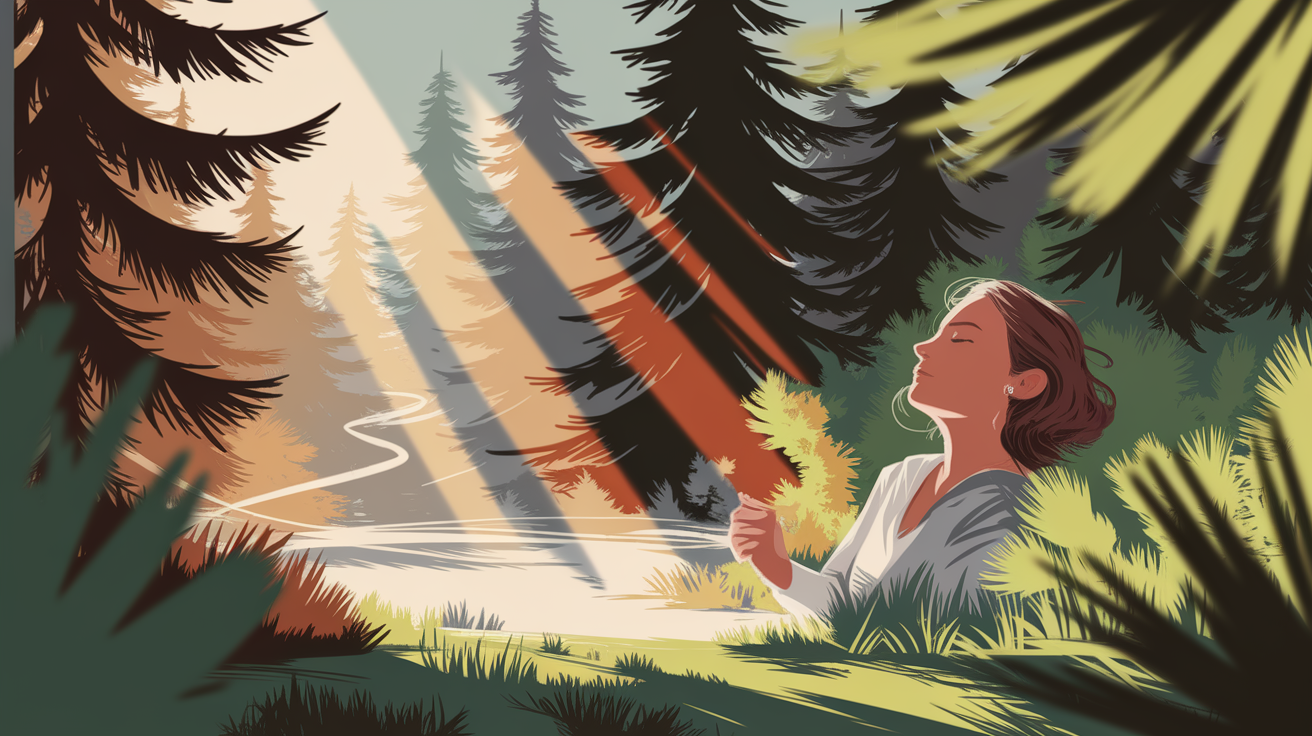 A conceptual illustration representing Into the Pine-Scented Air. Visualize the main ideas: There, something, first, lungful, pine-scented. Creative but clear representation of the concept. Style: Use shallow depth of field with selective focus to create a professional, intimate feel Employ warm. high quality, detailed, professional, clean composition, good lighting, sharp focus, well-composed.