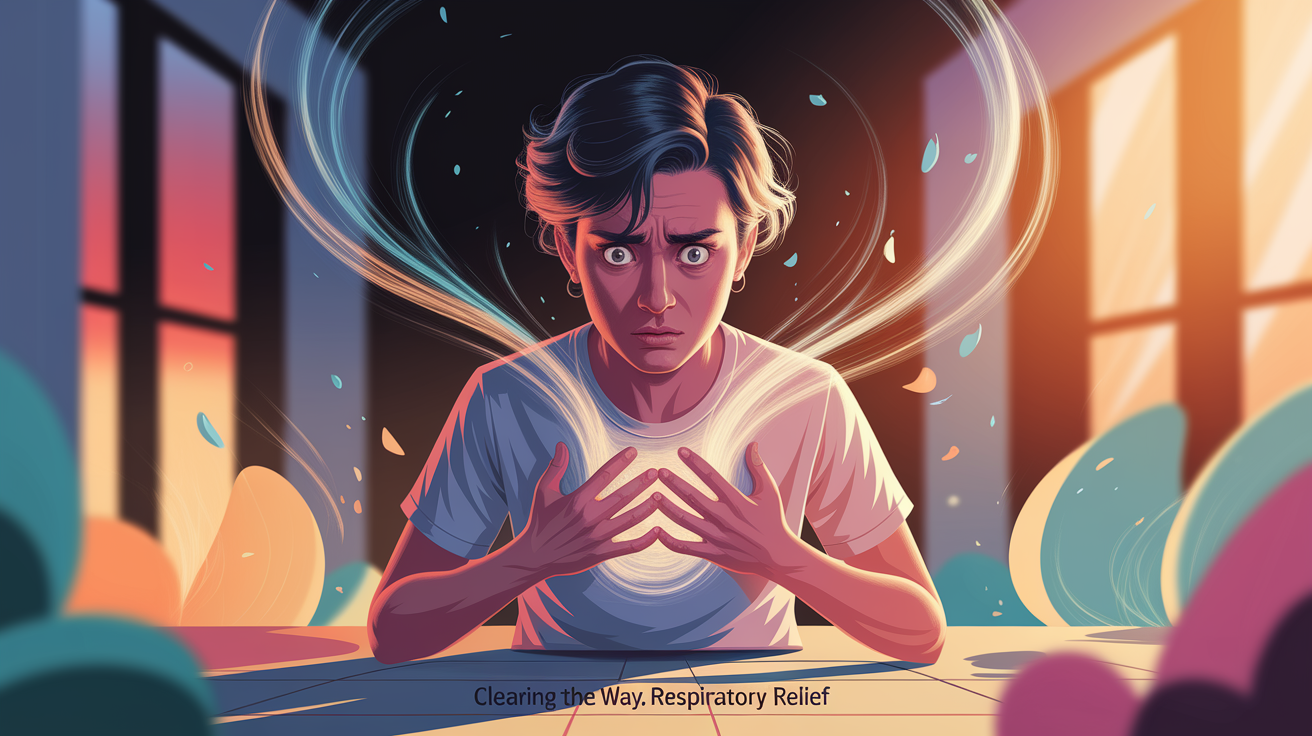 A conceptual illustration representing Clearing the Way: Respiratory Relief. Visualize the main ideas: panic, stuffed, chest, feels, heavy. Creative but clear representation of the concept. Style: Use shallow depth of field with selective focus to create a professional, intimate feel Employ warm. high quality, detailed, professional, clean composition, good lighting, sharp focus, well-composed.