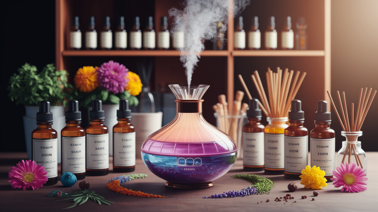 A conceptual illustration representing Stock Your Scent Lab. Visualize the main ideas: starts, pieces, ready, diffuser, nothing. Creative but clear representation of the concept. Style: Use shallow depth of field with selective focus to create a professional, intimate feel Employ warm. high quality, detailed, professional, clean composition, good lighting, sharp focus, well-composed.