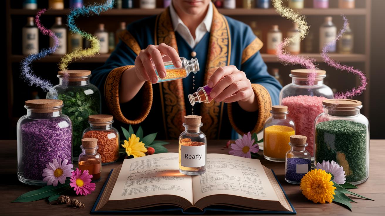 A conceptual illustration representing Crafting Your Custom Blend. Visualize the main ideas: Ready, where, scent, alchemist, start. Creative but clear representation of the concept. Style: Use shallow depth of field with selective focus to create a professional, intimate feel Employ warm. high quality, detailed, professional, clean composition, good lighting, sharp focus, well-composed.