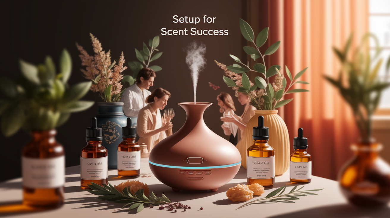 A conceptual illustration representing Setup for Scent Success. Visualize the main ideas: Placement, matters, people, think, diffuser. Creative but clear representation of the concept. Style: Use shallow depth of field with selective focus to create a professional, intimate feel Employ warm. high quality, detailed, professional, clean composition, good lighting, sharp focus, well-composed.