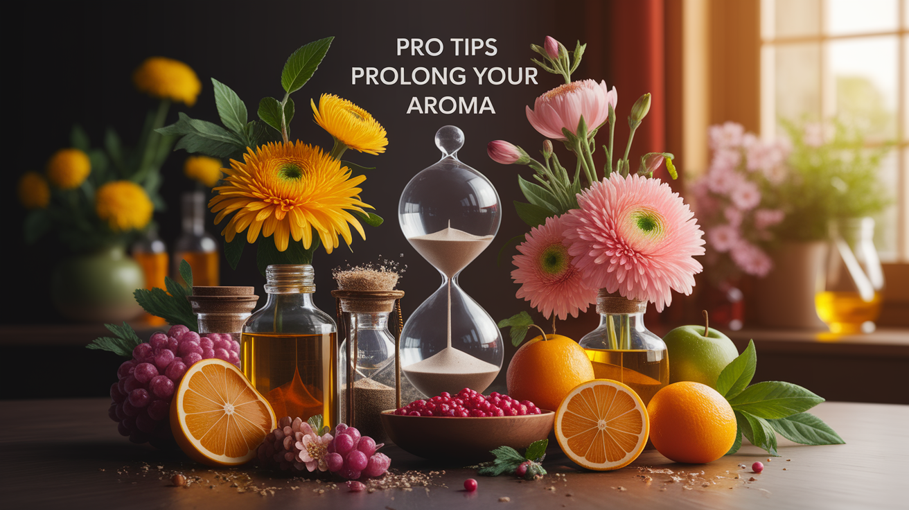 A conceptual illustration representing Pro Tips to Prolong Your Aroma. Visualize the main ideas: Often, Every, refreshes, scent, release. Creative but clear representation of the concept. Style: Use shallow depth of field with selective focus to create a professional, intimate feel Employ warm. high quality, detailed, professional, clean composition, good lighting, sharp focus, well-composed.