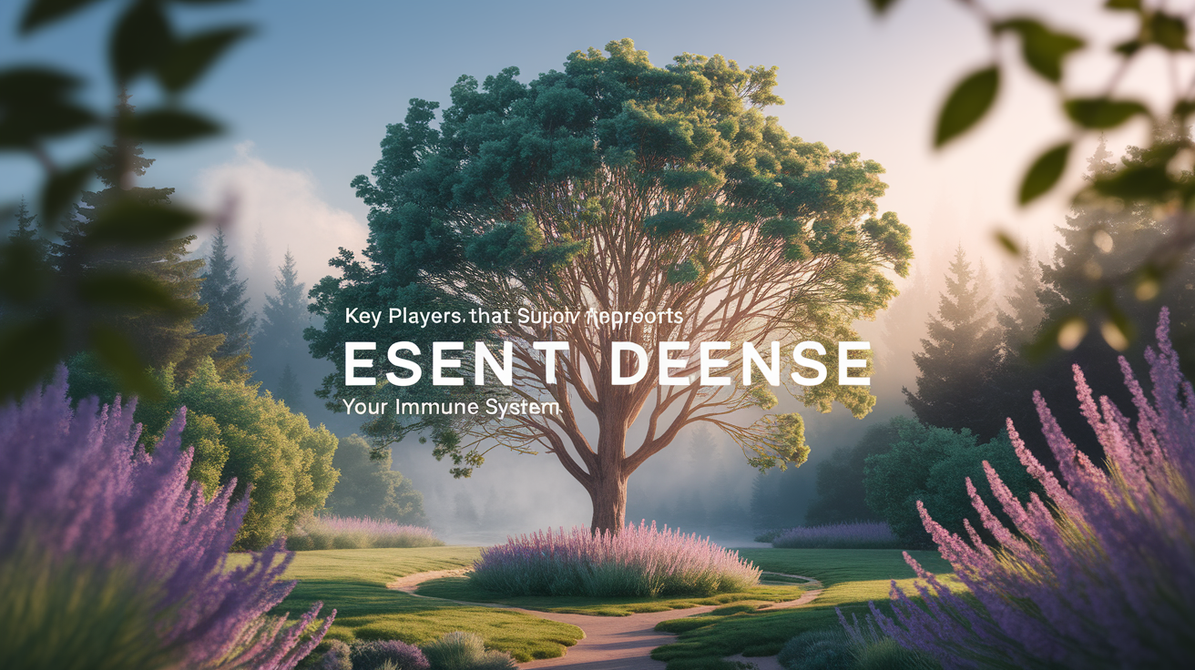 A conceptual illustration representing Key Players: Essential Oils That Support Your Immune System. Visualize the main ideas: frontline, Eucalyptus, comes, strong, crisp. Creative but clear representation of the concept. Style: Use shallow depth of field with selective focus to create a professional, intimate feel Employ warm. high quality, detailed, professional, clean composition, good lighting, sharp focus, well-composed.