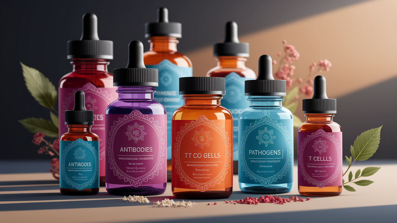 A conceptual illustration representing How They Work: Mechanisms Behind Immune Support. Visualize the main ideas: still, makes, pause, little, bottles. Creative but clear representation of the concept. Style: Use shallow depth of field with selective focus to create a professional, intimate feel Employ warm. high quality, detailed, professional, clean composition, good lighting, sharp focus, well-composed.