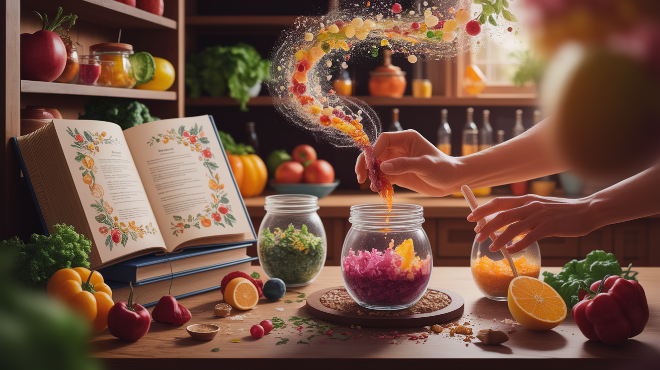 A conceptual illustration representing Crafting Your Blend: Practical Recipes for Seasonal Health. Visualize the main ideas: Think, blending, kitchen, alchemy, mixing. Creative but clear representation of the concept. Style: Use shallow depth of field with selective focus to create a professional, intimate feel Employ warm. high quality, detailed, professional, clean composition, good lighting, sharp focus, well-composed.