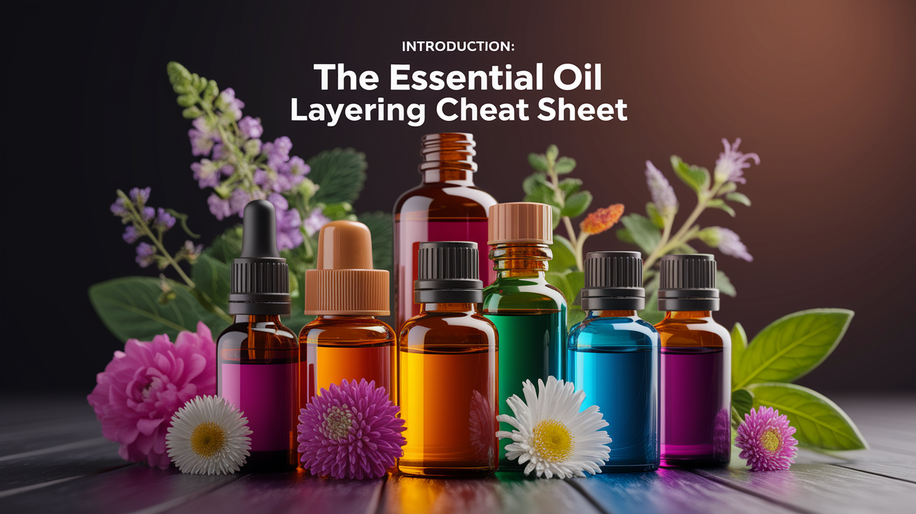 A conceptual illustration representing Introduction: The Essential Oil Layering Cheat Sheet. Visualize the main ideas: . Creative but clear representation of the concept. Style: Use shallow depth of field with selective focus to create a professional, intimate feel  Employ warm. high quality, detailed, professional, clean composition, good lighting, sharp focus, well-composed. high quality, professional, detailed, well-composed