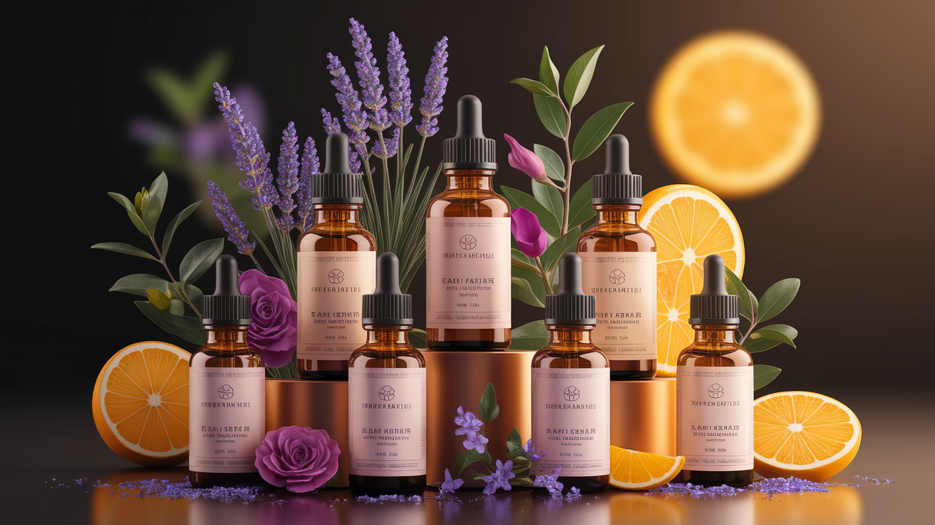 A conceptual illustration representing Choosing and Combining Oils for Your Skin Goals. Visualize the main ideas: . Creative but clear representation of the concept. Style: Use shallow depth of field with selective focus to create a professional, intimate feel  Employ warm. high quality, detailed, professional, clean composition, good lighting, sharp focus, well-composed. high quality, professional, detailed, well-composed