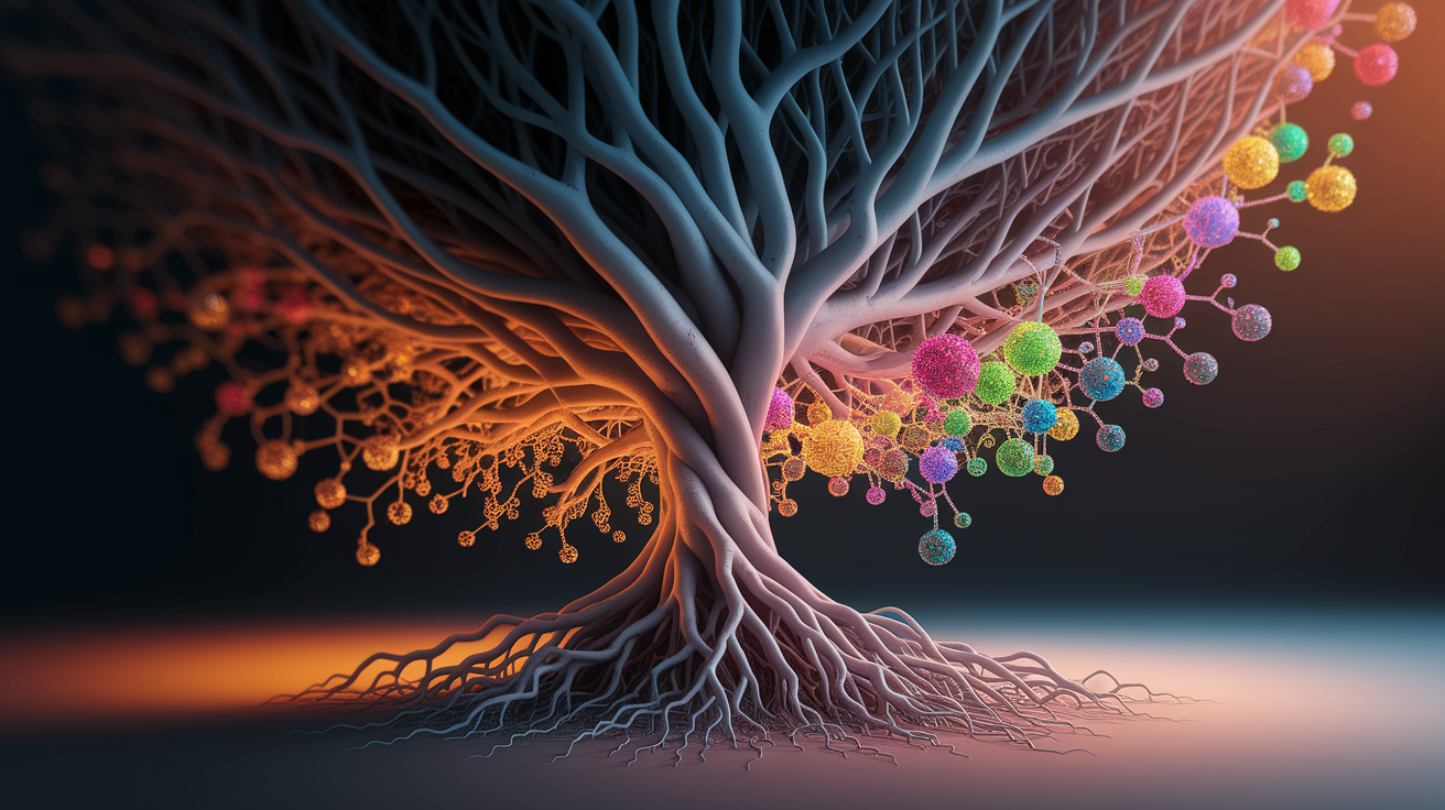 A conceptual illustration representing The Roots of Chemical Variation. Visualize the main ideas: . Creative but clear representation of the concept. Style: Use shallow depth of field with selective focus to create a professional, intimate feel Employ warm. high quality, detailed, professional, clean composition, good lighting, sharp focus, well-composed. high quality, professional, detailed, well-composed