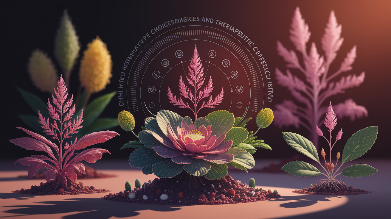 A conceptual illustration representing Chemotype Choices and Therapeutic Effects. Visualize the main ideas: . Creative but clear representation of the concept. Style: Use shallow depth of field with selective focus to create a professional, intimate feel Employ warm. high quality, detailed, professional, clean composition, good lighting, sharp focus, well-composed. high quality, professional, detailed, well-composed