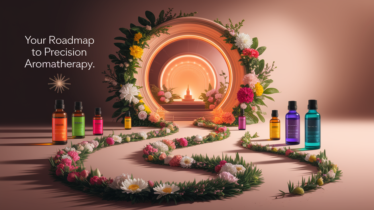 A conceptual illustration representing Your Roadmap to Precision Aromatherapy. Visualize the main ideas: . Creative but clear representation of the concept. Style: Use shallow depth of field with selective focus to create a professional, intimate feel Employ warm. high quality, detailed, professional, clean composition, good lighting, sharp focus, well-composed. high quality, professional, detailed, well-composed