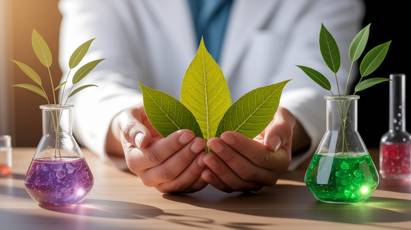 A conceptual illustration representing Clean Hands, Green Chemistry. Visualize the main ideas: . Creative but clear representation of the concept. Style: Use shallow depth of field with selective focus to create a professional, intimate feel  Employ warm. high quality, detailed, professional, clean composition, good lighting, sharp focus, well-composed. high quality, professional, detailed, well-composed