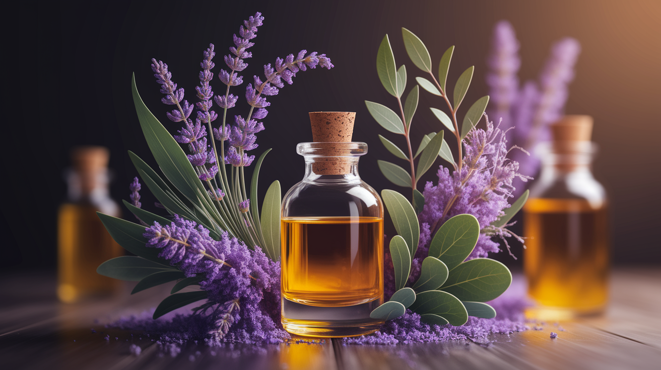 A conceptual illustration representing The Scent and the Sting: Unmasking Essential Oil Allergy Risks. Visualize the main ideas: . Creative but clear representation of the concept. Style: Use shallow depth of field with selective focus to create a professional, intimate feel  Employ warm. high quality, detailed, professional, clean composition, good lighting, sharp focus, well-composed. high quality, professional, detailed, well-composed