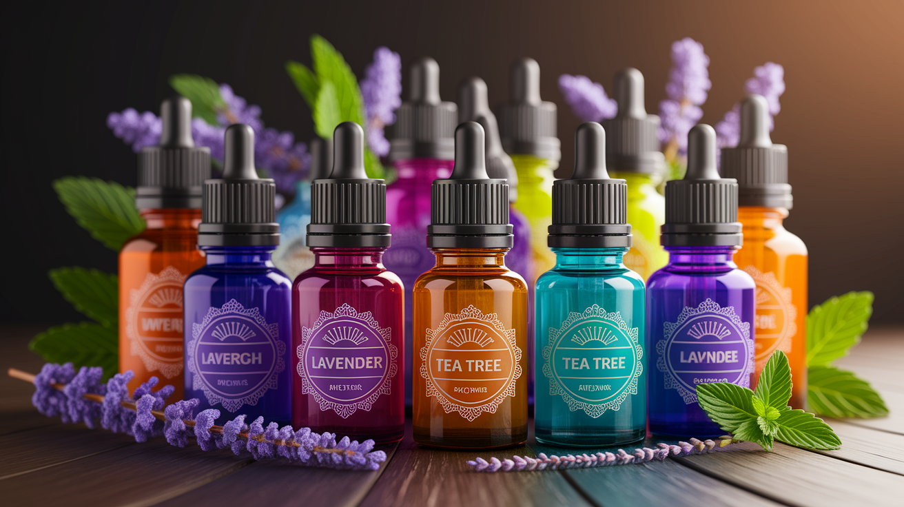 A conceptual illustration representing Top Suspects: Essential Oils Most Likely to Cause Contact Allergy. Visualize the main ideas: . Creative but clear representation of the concept. Style: Use shallow depth of field with selective focus to create a professional, intimate feel  Employ warm. high quality, detailed, professional, clean composition, good lighting, sharp focus, well-composed. high quality, professional, detailed, well-composed
