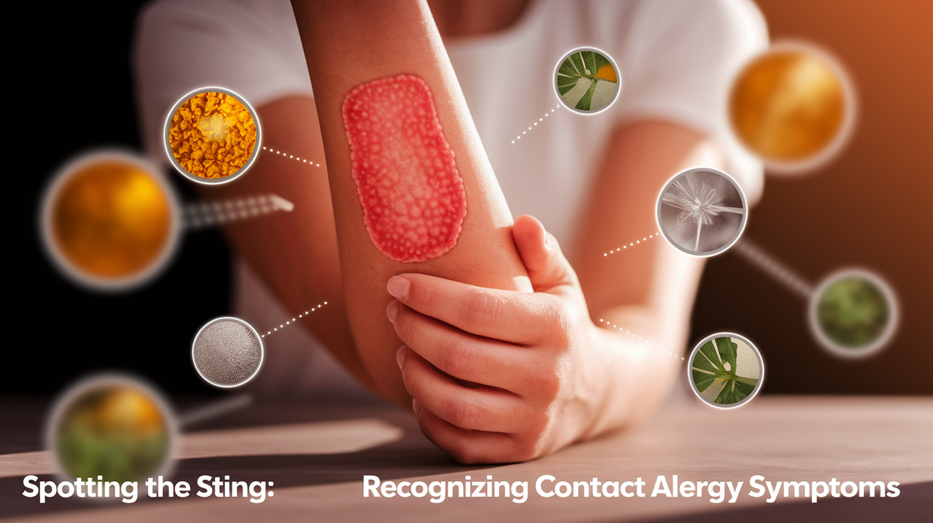 A conceptual illustration representing Spotting the Sting: Recognizing Contact Allergy Symptoms. Visualize the main ideas: . Creative but clear representation of the concept. Style: Use shallow depth of field with selective focus to create a professional, intimate feel  Employ warm. high quality, detailed, professional, clean composition, good lighting, sharp focus, well-composed. high quality, professional, detailed, well-composed