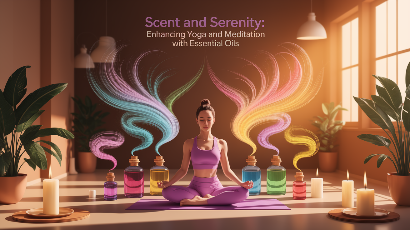 A conceptual illustration representing Scent and Serenity: Enhancing Yoga and Meditation with Essential Oils. Visualize the main ideas: . Creative but clear representation of the concept. Style: Use shallow depth of field with selective focus to create a professional, intimate feel Employ warm. high quality, detailed, professional, clean composition, good lighting, sharp focus, well-composed. high quality, professional, detailed, well-composed