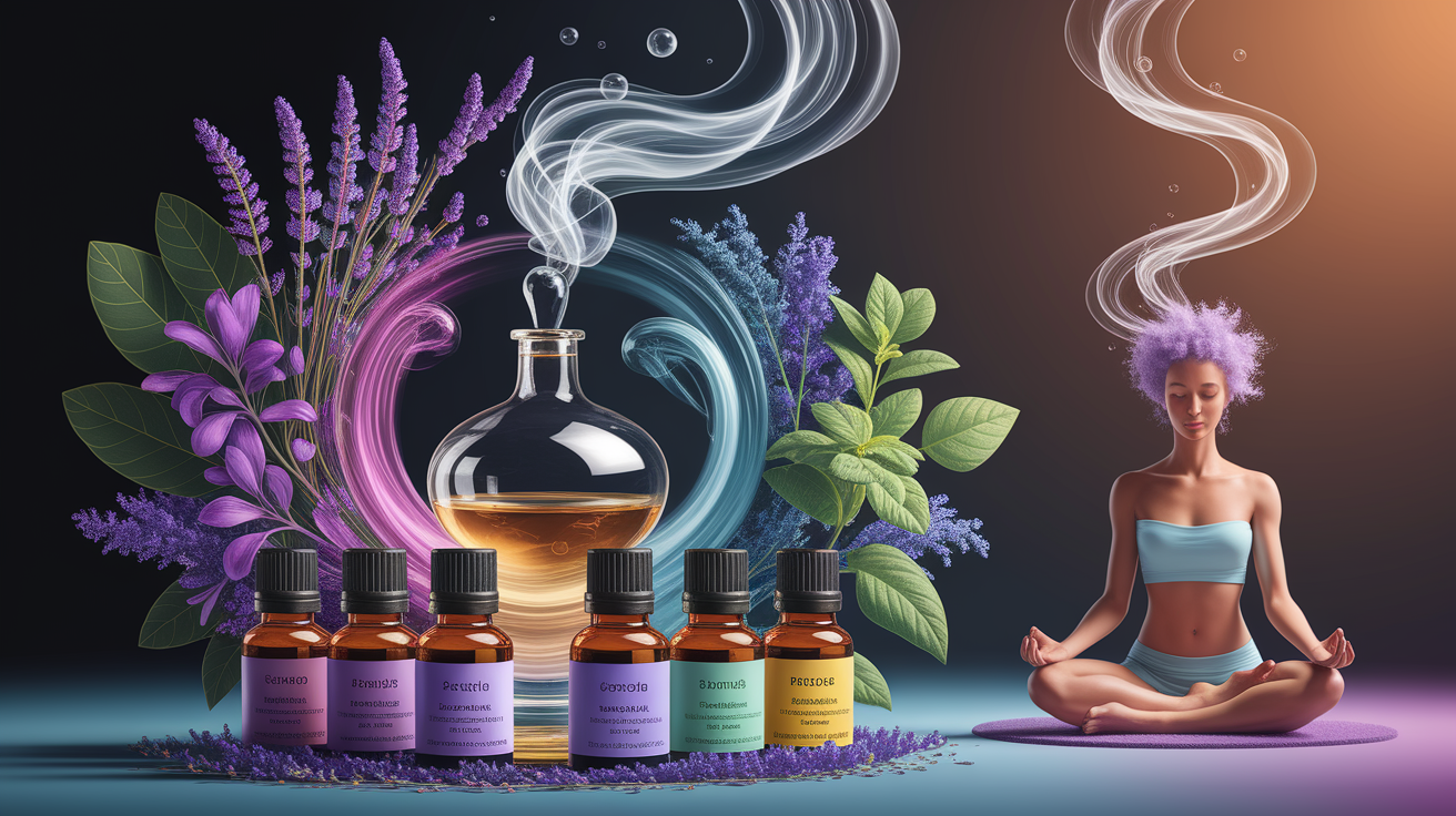 A conceptual illustration representing The Science Behind Aromatherapy in Mind-Body Practices. Visualize the main ideas: . Creative but clear representation of the concept. Style: Use shallow depth of field with selective focus to create a professional, intimate feel Employ warm. high quality, detailed, professional, clean composition, good lighting, sharp focus, well-composed. high quality, professional, detailed, well-composed