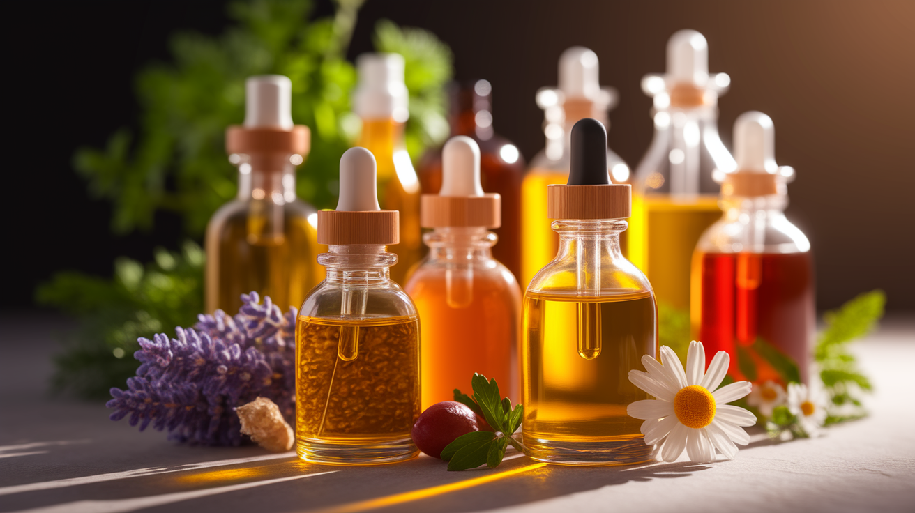 A conceptual illustration representing What Are Carrier Oils and How Do They Benefit Your Skin?. Visualize the main ideas: . Creative but clear representation of the concept. Style: Use shallow depth of field with selective focus to create a professional, intimate feel  Employ warm. high quality, detailed, professional, clean composition, good lighting, sharp focus, well-composed. high quality, professional, detailed, well-composed