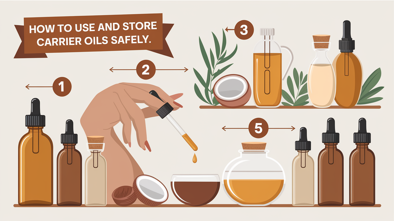 A clear, step-by-step visual illustration showing How to Use and Store Carrier Oils Safely. Focus on . Include visual elements like arrows, numbered steps, or sequential flow. Professional and instructional style. Style: Use shallow depth of field with selective focus to create a professional, intimate feel  Employ warm. high quality, detailed, professional, clean composition, good lighting, sharp focus, well-composed. high quality, professional, detailed, well-composed