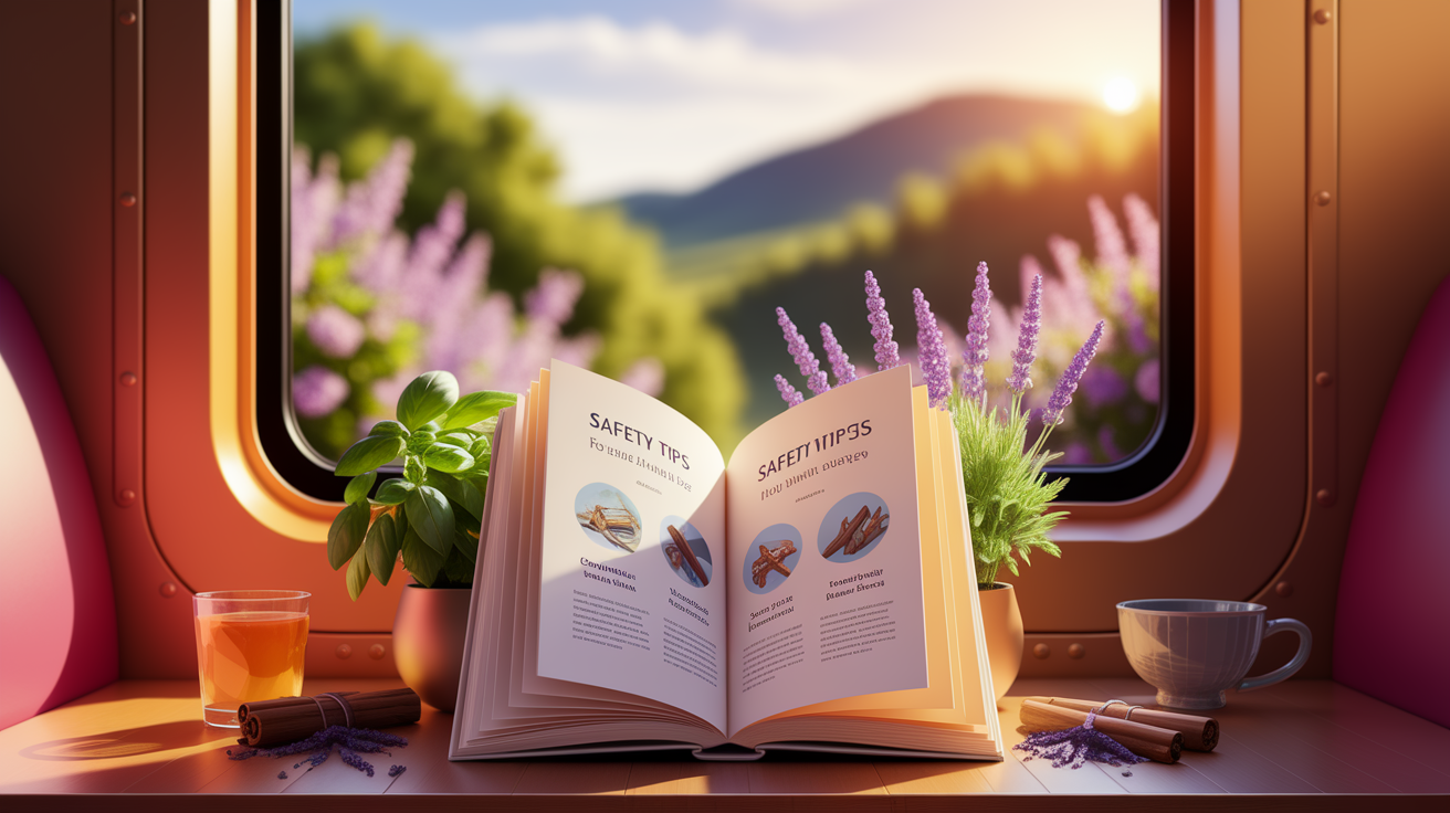 A conceptual illustration representing Safety Tips for a Smooth Aromatic Journey. Visualize the main ideas: . Creative but clear representation of the concept. Style: Use shallow depth of field with selective focus to create a professional, intimate feel Employ warm. high quality, detailed, professional, clean composition, good lighting, sharp focus, well-composed. high quality, professional, detailed, well-composed