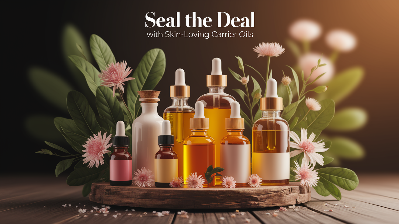 A conceptual illustration representing Seal the Deal with Skin-Loving Carrier Oils. Visualize the main ideas: . Creative but clear representation of the concept. Style: Use shallow depth of field with selective focus to create a professional, intimate feel  Employ warm. high quality, detailed, professional, clean composition, good lighting, sharp focus, well-composed. high quality, professional, detailed, well-composed