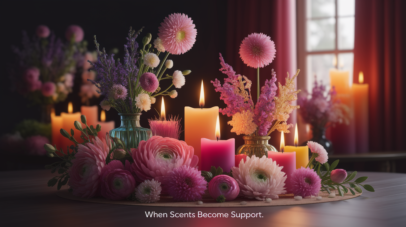A conceptual illustration representing Introduction: When Scents Become Support. Visualize the main ideas: . Creative but clear representation of the concept. Style: Use shallow depth of field with selective focus to create a professional, intimate feel  Employ warm. high quality, detailed, professional, clean composition, good lighting, sharp focus, well-composed. high quality, professional, detailed, well-composed