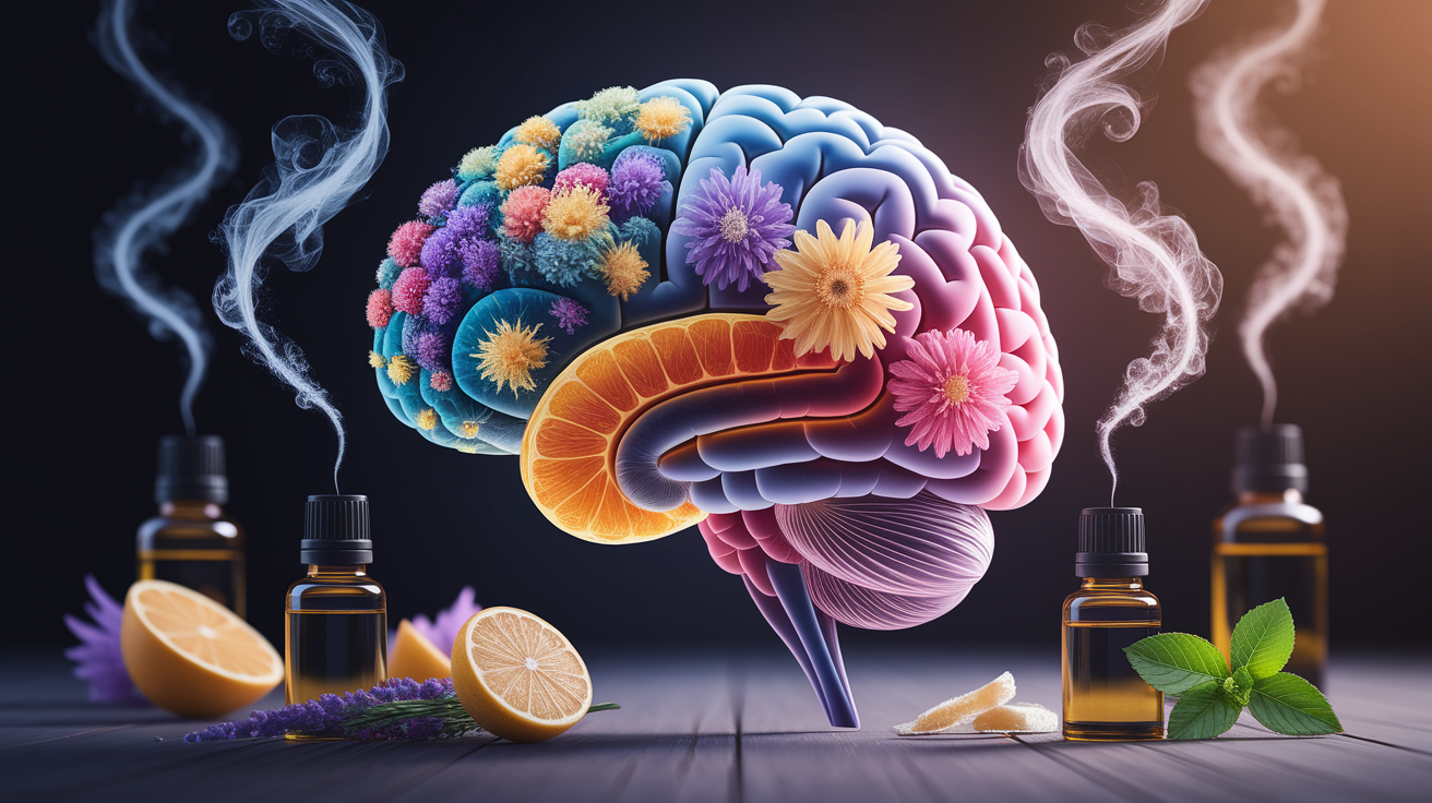 A conceptual illustration representing How Aromatherapy Interacts with the Neurodivergent Brain. Visualize the main ideas: . Creative but clear representation of the concept. Style: Use shallow depth of field with selective focus to create a professional, intimate feel  Employ warm. high quality, detailed, professional, clean composition, good lighting, sharp focus, well-composed. high quality, professional, detailed, well-composed
