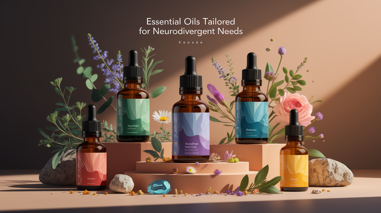 A conceptual illustration representing Essential Oils Tailored for Neurodivergent Needs. Visualize the main ideas: . Creative but clear representation of the concept. Style: Use shallow depth of field with selective focus to create a professional, intimate feel  Employ warm. high quality, detailed, professional, clean composition, good lighting, sharp focus, well-composed. high quality, professional, detailed, well-composed
