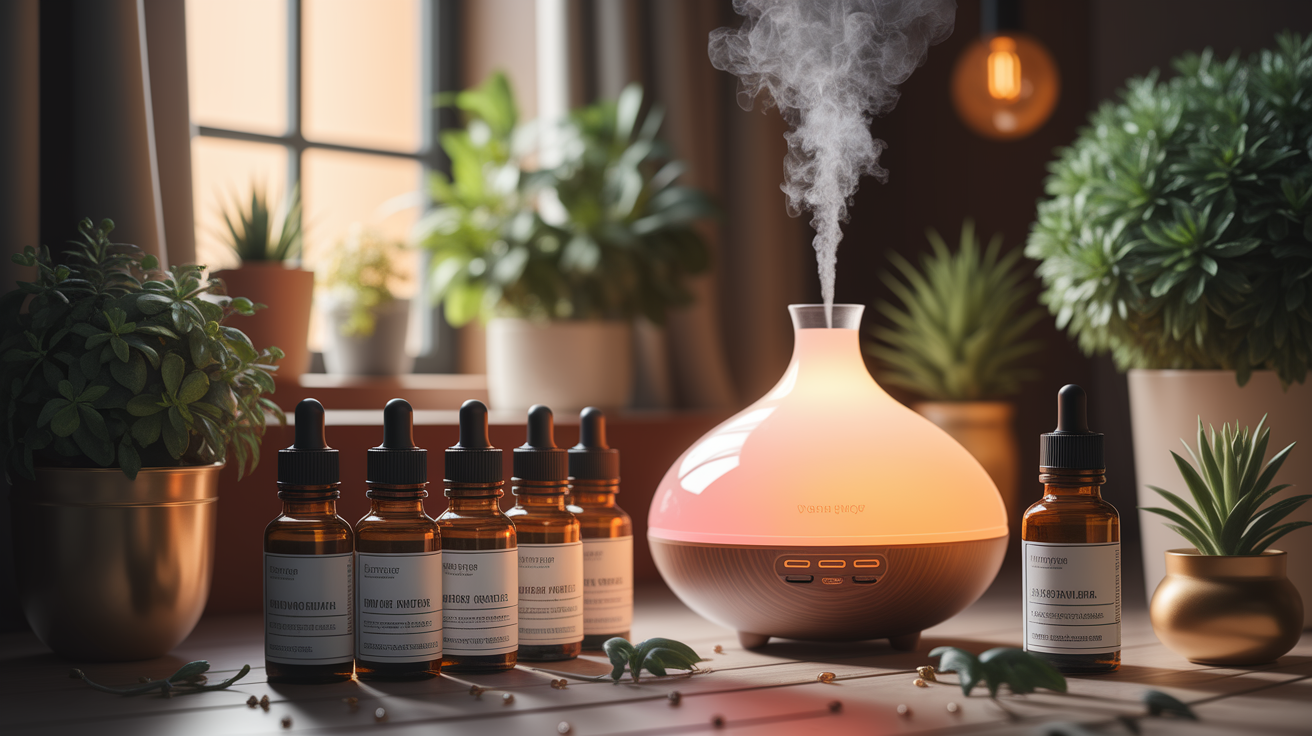 A conceptual illustration representing Practical Tips: Safe and Effective Aromatherapy Use. Visualize the main ideas: . Creative but clear representation of the concept. Style: Use shallow depth of field with selective focus to create a professional, intimate feel  Employ warm. high quality, detailed, professional, clean composition, good lighting, sharp focus, well-composed. high quality, professional, detailed, well-composed