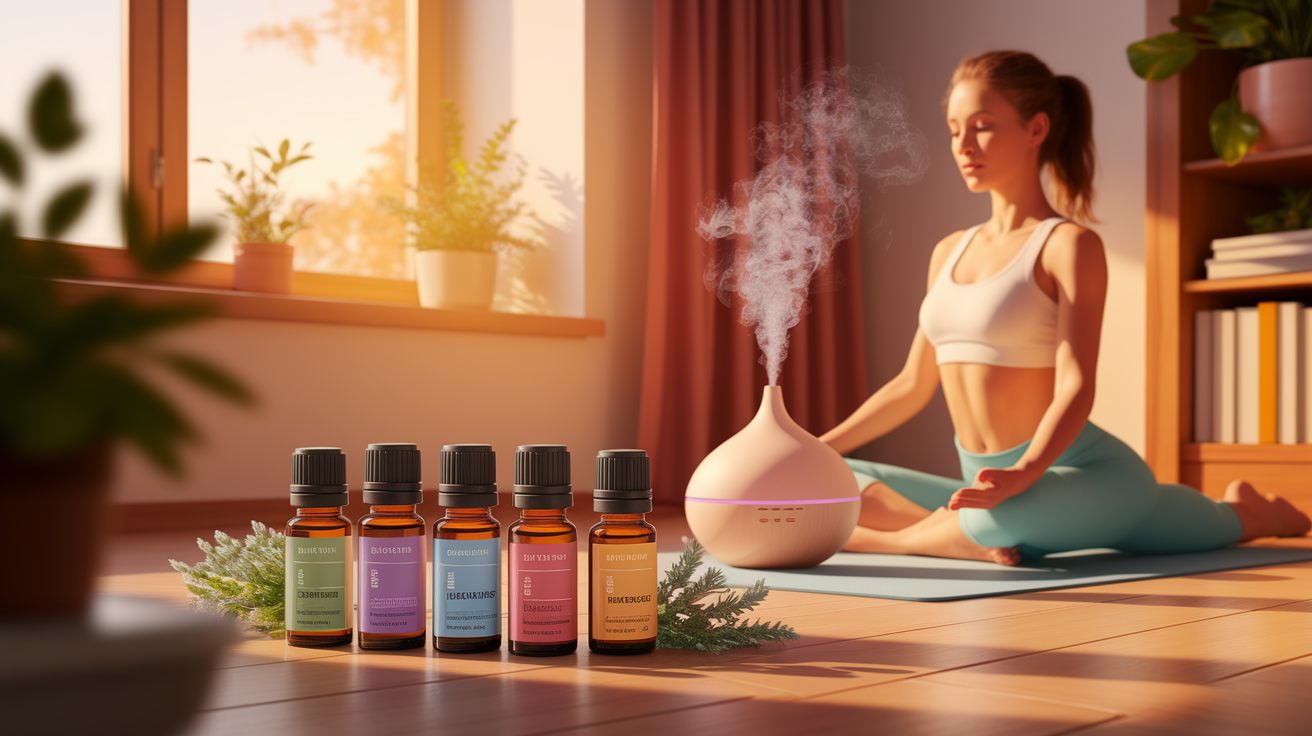 A conceptual illustration representing Integrating Aromatherapy into Daily Routines. Visualize the main ideas: . Creative but clear representation of the concept. Style: Use shallow depth of field with selective focus to create a professional, intimate feel  Employ warm. high quality, detailed, professional, clean composition, good lighting, sharp focus, well-composed. high quality, professional, detailed, well-composed
