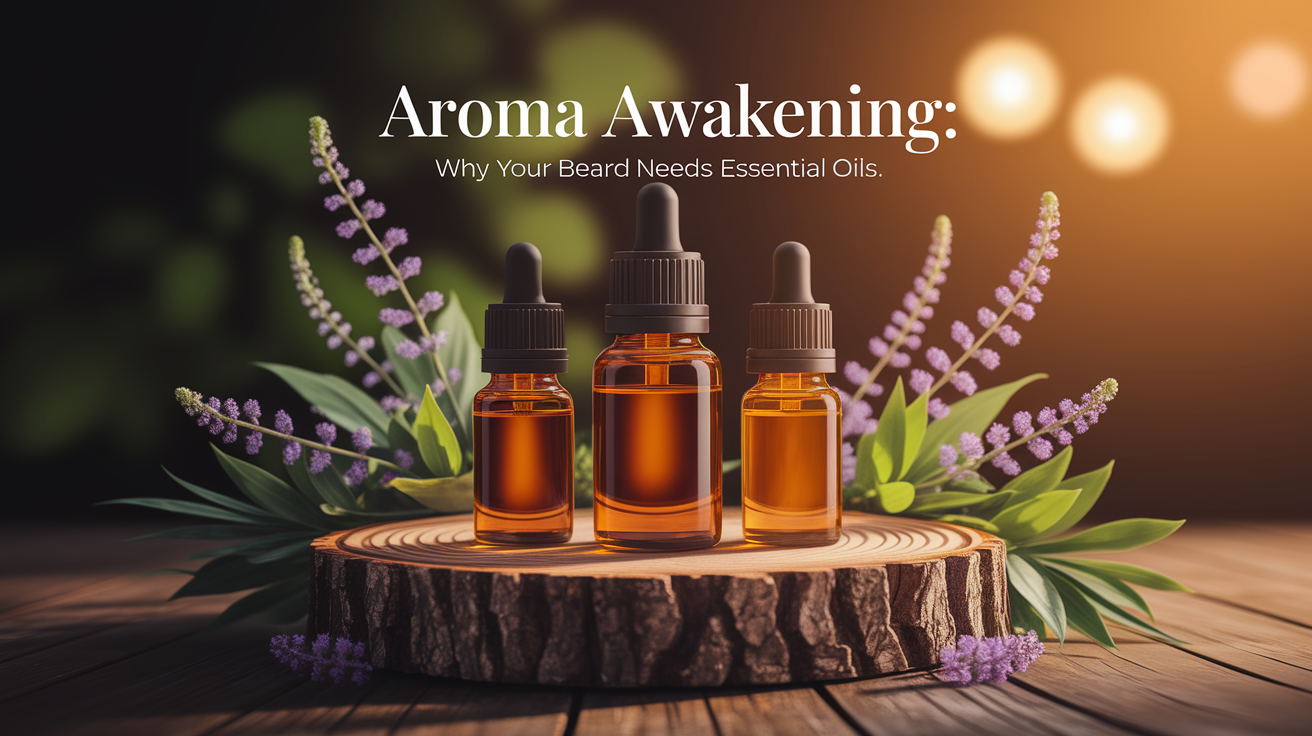 A conceptual illustration representing Aroma Awakening: Why Your Beard Needs Essential Oils. Visualize the main ideas: . Creative but clear representation of the concept. Style: Use shallow depth of field with selective focus to create a professional, intimate feel  Employ warm, natural lighting that casts a honey-golden glow on the main subjects  Position items on a rustic wooden surface, preferably a cross-section of a tree trunk with visible rings and natural texture  Incorporate vibrant green foliage and delicate purple flowers around the composition's edges  Maintain a soft, gently blurred natural background with subtle bokeh effect  Feature a harmonious color palette of amber, deep greens, and soft purples  Arrange elements at varying heights to create visual interest and natural flow  Create a clean, uncluttered composition that feels organic yet intentional  Capture fine details and textures with macro-photography techniques  Evoke a serene, botanical spa-like atmosphere that feels both premium and natural. high quality, detailed, professional, clean composition, good lighting, sharp focus, well-composed. high quality, professional, detailed, well-composed
