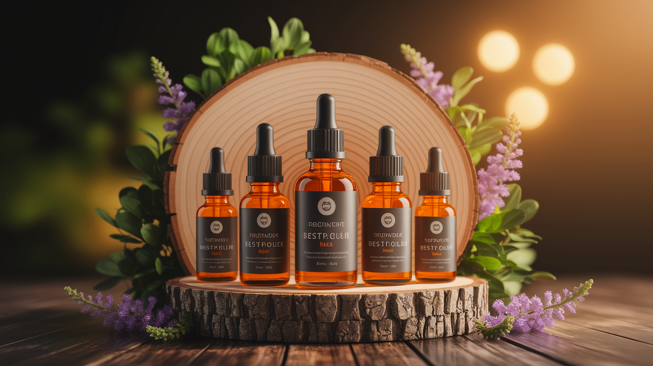 A conceptual illustration representing Best-in-Class Oils: Top Picks for Beard Growth and Health. Visualize the main ideas: . Creative but clear representation of the concept. Style: Use shallow depth of field with selective focus to create a professional, intimate feel  Employ warm, natural lighting that casts a honey-golden glow on the main subjects  Position items on a rustic wooden surface, preferably a cross-section of a tree trunk with visible rings and natural texture  Incorporate vibrant green foliage and delicate purple flowers around the composition's edges  Maintain a soft, gently blurred natural background with subtle bokeh effect  Feature a harmonious color palette of amber, deep greens, and soft purples  Arrange elements at varying heights to create visual interest and natural flow  Create a clean, uncluttered composition that feels organic yet intentional  Capture fine details and textures with macro-photography techniques  Evoke a serene, botanical spa-like atmosphere that feels both premium and natural. high quality, detailed, professional, clean composition, good lighting, sharp focus, well-composed. high quality, professional, detailed, well-composed